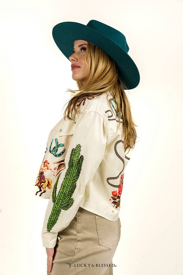 LUCKY & BLESSED - Beige Rodeo Cowgirl Cactus Oversize Crop Shirt: L