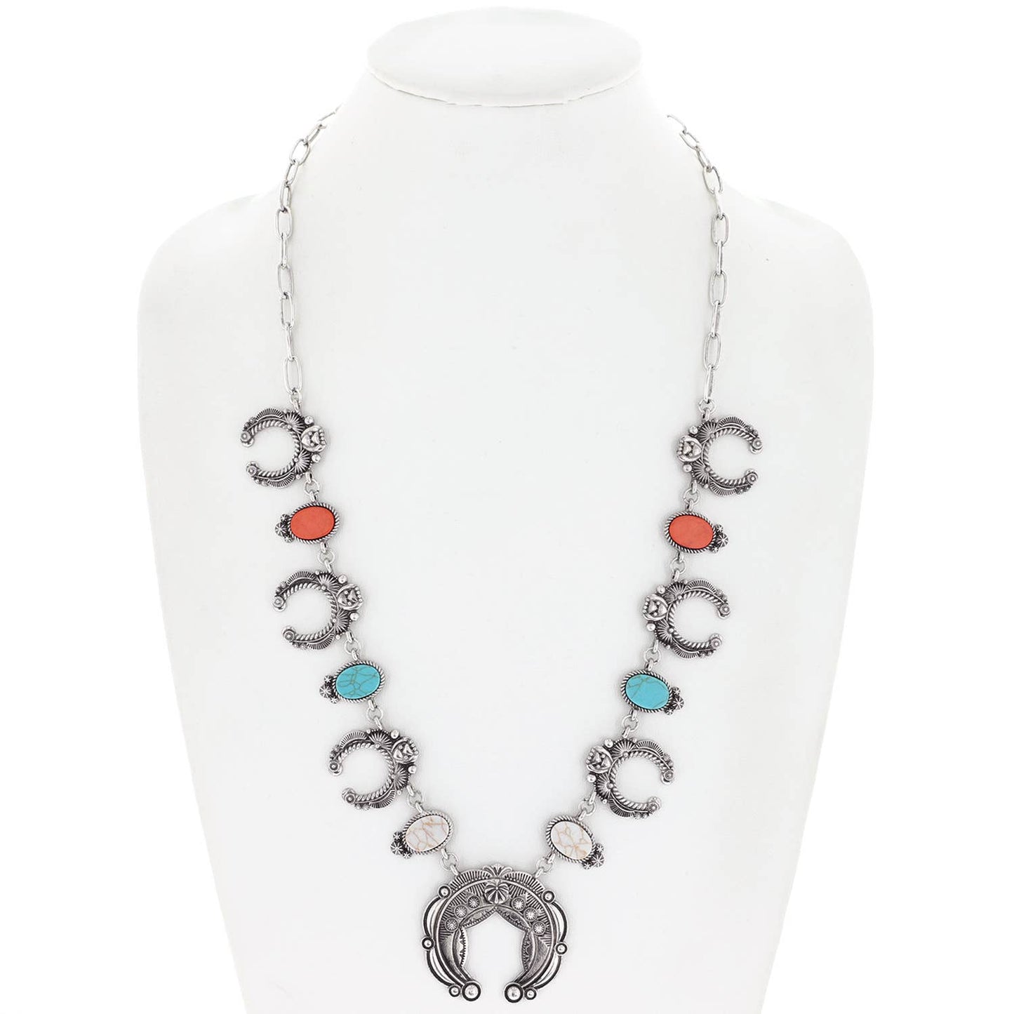 Sophia Collection - Western Stone Squash Blossom Chain Link Necklace : Turquoise