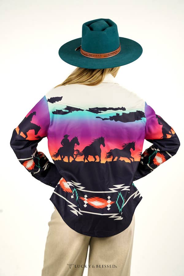 LUCKY & BLESSED - Sunset Running Horse Printed Button Down Top: S