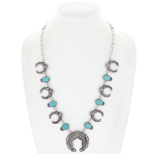 Sophia Collection - Western Stone Squash Blossom Chain Link Necklace : Turquoise