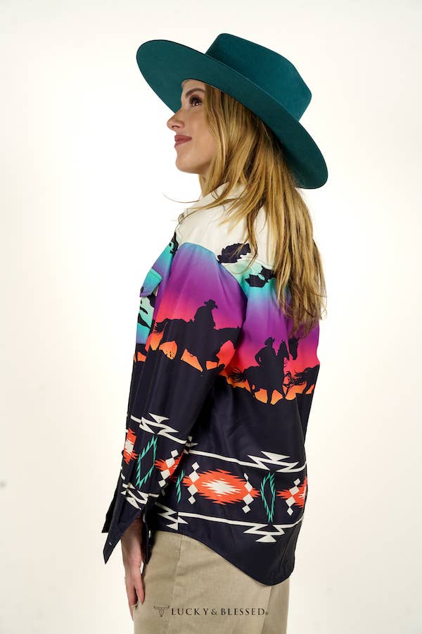 LUCKY & BLESSED - Sunset Running Horse Printed Button Down Top: S